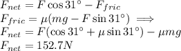 F_{net}=F\cos 31^\circ-F_{fric}\\F_{fric}=\mu(mg-F\sin 31^\circ)\implies\\F_{net}=F(\cos 31^\circ+\mu \sin 31^\circ)-\mu mg\\F_{net}=152.7N
