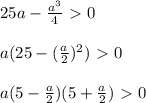 25a- \frac{a^3}{4} \ \textgreater \ 0\\\\a(25- ( \frac{a}{2} )^{2} )\ \textgreater \ 0\\\\a(5- \frac{a}{2})(5+ \frac{a}{2} )\ \textgreater \ 0