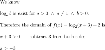 \text{We know}\\\\\log_ab\ \text{is exist for}\ a0\ \wedge\ a\neq1\ \wedge\ b0.\\\\\text{Therefore the domain of}\ f(x)=\log_2(x+3)+2\ \text{is}\\\\x+30\qquad\text{subtract 3 from both sides}\\\\x-3