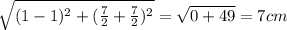 \sqrt{(1-1)^{2}+(\frac{7}{2}+\frac{7}{2})^{2}}=\sqrt{0+49}=7 cm