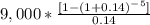9,000*\frac{[1-(1+0.14)^-^5]}{0.14}
