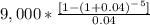 9,000*\frac{[1-(1+0.04)^-^5]}{0.04}