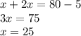 x+2x=80-5\\3x=75\\x=25