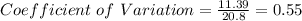 Coefficient~of~Variation = \frac{11.39}{20.8} = 0.55