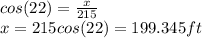 cos(22)=\frac{x}{215} \\x=215cos(22)=199.345ft