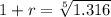 1+r=\sqrt[5]{1.316}