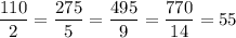 \dfrac{110}{2}=\dfrac{275}{5}=\dfrac{495}{9}=\dfrac{770}{14}=55