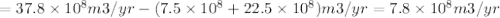 = 37.8 \times 10^8 m3/yr - ( 7.5 \times 10^8 + 22.5\times 10^8 ) m3/yr = 7.8 \times 10^8 m3/yr