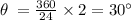 \theta\:=\frac{360}{24}\times2=30^{\circ}