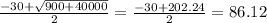 \frac{-30+ \sqrt{900+40000} }{2}=  \frac{-30+202.24}{2} = 86.12