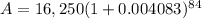 A=16,250(1+0.004083)^{84}