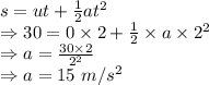 s=ut+\frac{1}{2}at^2\\\Rightarrow 30=0\times 2+\frac{1}{2}\times a\times 2^2\\\Rightarrow a=\frac{30\times 2}{2^2}\\\Rightarrow a=15\ m/s^2