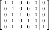 \left[\begin{array}{ccccc|c}1&0&0& 0 & 0& 0\\0&1&0&0 & 0 & 0 \\0&0&1&0 & 0 & 0\\0&0&0&1 & 0 & 0\\0&0&0&0& 0 & 1\end{array}\right]