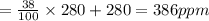 =\frac{38}{100} \times 280 + 280=386 ppm