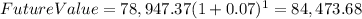 FutureValue=78,947.37(1+0.07)^{1} =84,473.68