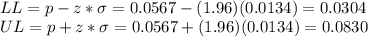 \\LL = p-z*\sigma=0.0567 - (1.96)(0.0134) = 0.0304\\UL =p+z*\sigma= 0.0567 + (1.96)(0.0134) = 0.0830\\\\