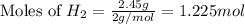 \text{Moles of }H_2=\frac{2.45g}{2g/mol}=1.225mol