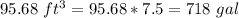 95.68\ ft^{3}=95.68*7.5=718\ gal