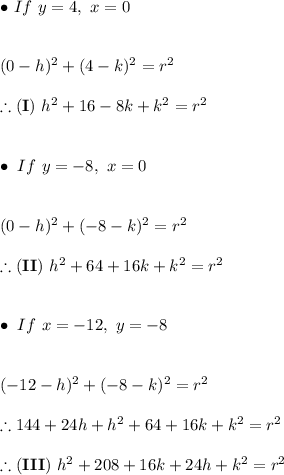 \bullet \ If \ y=4, \ x=0 \\ \\ \\ (0-h)^2+(4-k)^2=r^2 \\ \\ \therefore \mathbf{(I)} \ h^2+16-8k+k^2=r^2 \\ \\ \\ \bullet \ If \ y=-8, \ x=0 \\ \\ \\ (0-h)^2+(-8-k)^2=r^2 \\ \\ \therefore \mathbf{(II)} \ h^2+64+16k+k^2=r^2 \\ \\ \\ \bullet \ If \ x=-12, \ y=-8 \\ \\ \\ (-12-h)^2+(-8-k)^2=r^2 \\ \\ \therefore 144+24h+h^2+64+16k+k^2=r^2 \\ \\ \therefore \mathbf{(III)} \ h^2+208+16k+24h+k^2=r^2