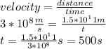 velocity=\frac{distance}{time} \\3*10^8\frac{m}{s} =\frac{1.5*10^11 m}{t} \\t=\frac{1.5*10^11 }{3*10^8} s= 500 s