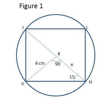 Rectangle ghij inscribed in a circle, gk⊥jh, gk = 6cm, m∠ghj = 15°. find the radius of the circle. p