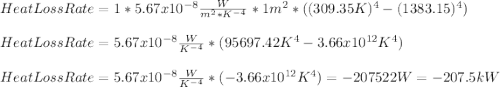HeatLossRate=1*5.67x10^{-8}\frac{W}{m^{2}*K^{-4} }*1m^{2} *((309.35K)^{4} -(1383.15})^{4} )\\\\HeatLossRate=5.67x10^{-8}\frac{W}{K^{-4} }*(95697.42K^{4} -3.66x10^{12}K^{4})\\ \\HeatLossRate=5.67x10^{-8}\frac{W}{K^{-4} }*(-3.66x10^{12} K^{4})=-207522W=-207.5kW