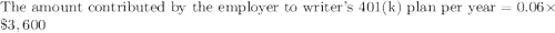 \text{The amount contributed by the employer to writer's 401(k) plan per year}=0.06\times \$3,600