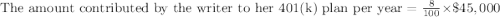 \text{The amount contributed by the writer to her 401(k) plan per year}=\frac{8}{100}\times \$45,000