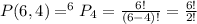 P(6, 4) = ^{6}P_4 = \frac{6!}{(6 - 4)!} = \frac{6!}{2!}