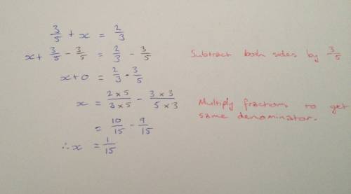 3/5+x=2/3 what is the value of x?   explain how you got the answer so i can learn too!