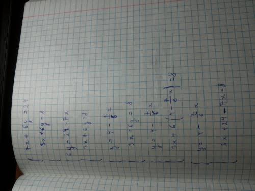 Solve the following system of equations by substitution:  7x+6y=24 3x+6y=8