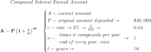 \bf \qquad \textit{Compound Interest Earned Amount}&#10;\\\\&#10;A=P\left(1+\frac{r}{n}\right)^{nt}&#10;\quad &#10;\begin{cases}&#10;A=\textit{current amount}\\&#10;P=\textit{original amount deposited}\to &\$40,000\\&#10;r=rate\to 3\%\to \frac{3}{100}\to &0.03\\&#10;n=&#10;\begin{array}{llll}&#10;\textit{times it compounds per year}\\&#10;\textit{end of every year, once}&#10;\end{array}\to &1\\&#10;&#10;t=years\to &16&#10;\end{cases}