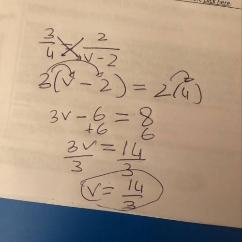Solve the proportional equation below 3/4 =2/v-2