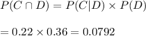 P(C\cap D)=P(C|D)\times P(D)\\\\=0.22\times0.36=0.0792