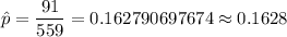 \hat{p}=\dfrac{91}{559}=0.162790697674\approx0.1628