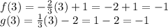 f(3)= -\frac{2}{3} (3) + 1 = -2 + 1 = -1\\g(3) = \frac{1}{3} (3) -2 = 1-2 =-1