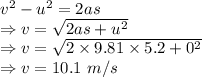 v^2-u^2=2as\\\Rightarrow v=\sqrt{2as+u^2}\\\Rightarrow v=\sqrt{2\times 9.81\times 5.2+0^2}\\\Rightarrow v=10.1\ m/s