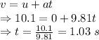v=u+at\\\Rightarrow 10.1=0+9.81t\\\Rightarrow t=\frac{10.1}{9.81}=1.03\ s