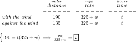 \bf \begin{array}{lccclll}&#10;&\stackrel{miles}{distance}&\stackrel{mph}{rate}&\stackrel{hours}{time}\\&#10;&------&------&------\\&#10;\textit{with the wind}&190&325+w&t\\&#10;\textit{against the wind}&135&325-w&t&#10;\end{array}&#10;\\\\\\&#10;\begin{cases}&#10;190=t(325+w)\implies \frac{190}{325+w}=\boxed{t}\\\end{cases}