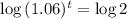 \log{(1.06)^{t}} = \log{2}