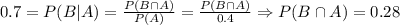 0.7=P(B|A)=\frac{P(B\cap A)}{P(A)}=\frac{P(B\cap A)}{0.4}\Rightarrow P(B\cap A)=0.28
