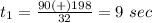 t_1=\frac{90(+)198}{32}=9\ sec