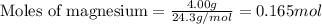 \text{Moles of magnesium}=\frac{4.00g}{24.3g/mol}=0.165mol