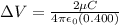 \Delta V = \frac{2\mu C}{4\pi \epsilon_0(0.400)}