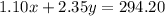 1.10x+2.35y=294.20