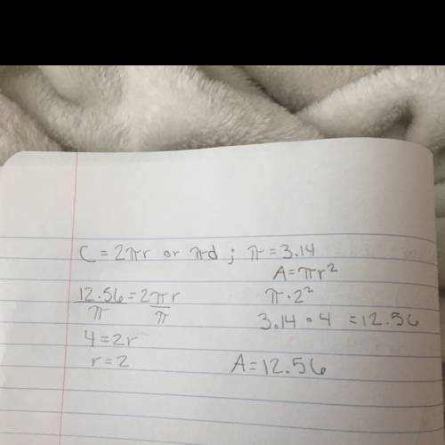 Acircular rug has a circumference of 12.56 feet. what is the area of the rug?  (use 3.14 for .) a. 6