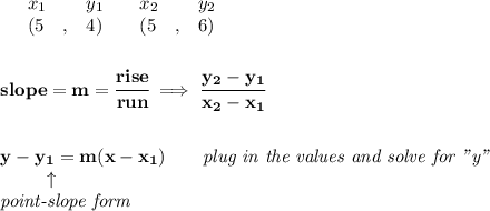 \bf \begin{array}{lllll}&#10;&x_1&y_1&x_2&y_2\\&#10;%   (a,b)&#10;&({{ 5}}\quad ,&{{ 4}})\quad &#10;%   (c,d)&#10;&({{ 5}}\quad ,&{{ 6}})&#10;\end{array}&#10;\\\quad \\\\&#10;% slope  = m&#10;slope = {{ m}}= \cfrac{rise}{run} \implies &#10;\cfrac{{{ y_2}}-{{ y_1}}}{{{ x_2}}-{{ x_1}}}&#10;\\ \quad \\\\&#10;% point-slope intercept&#10;y-{{ y_1}}={{ m}}(x-{{ x_1}})\qquad \textit{plug in the values and solve for "y"}\\&#10;\left.\qquad   \right.\uparrow\\&#10;\textit{point-slope form}