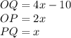 OQ=4x-10\\OP=2x \\PQ=x