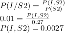 P(I/S2)=\frac{P(I,S2)}{P(S2)} \\0.01=\frac{P(I,S2)}{0.27} \\P(I,S2)=0.0027
