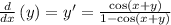 \frac{d}{dx}\left(y\right)=y'=\frac{\cos \left(x+y\right)}{1-\cos \left(x+y\right)}